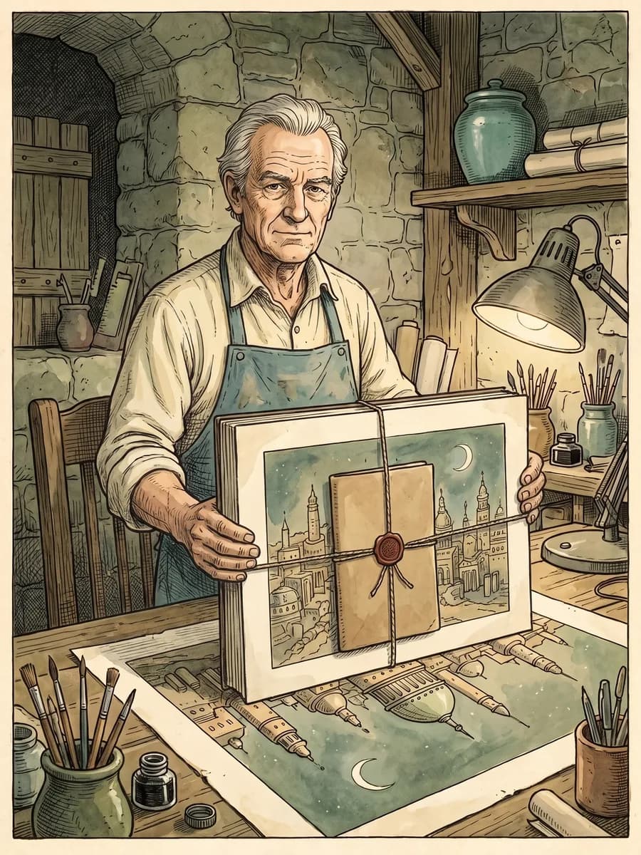 Craftsperson presenting a finished print with a sealed reviewed-context packet attached